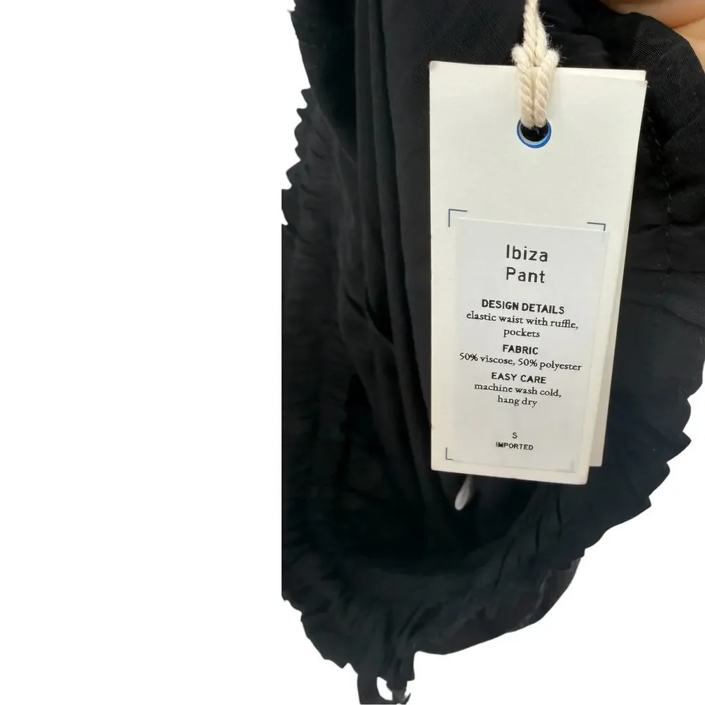 Mersea Ibiza Wide Leg Pull On Pants Black Ruffle Waist Pockets Size Small NWT